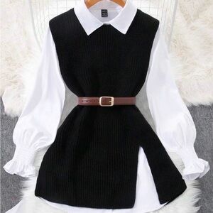 SHEIN Black Knit Vest with White Blouse